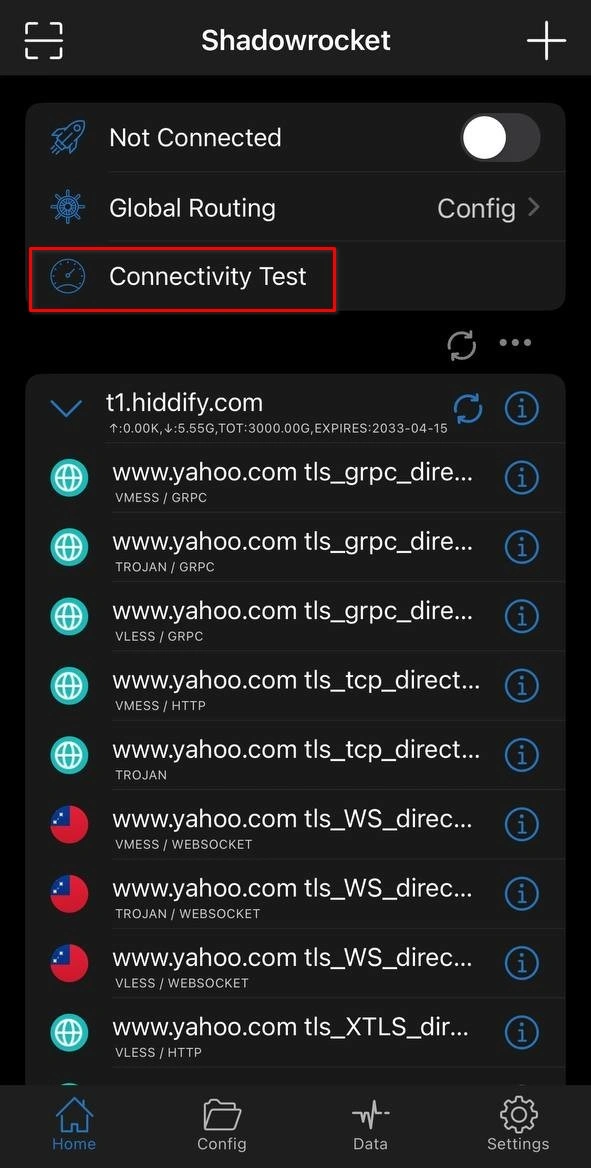 تست پینگ و Connectivity Test در Shadowrocket